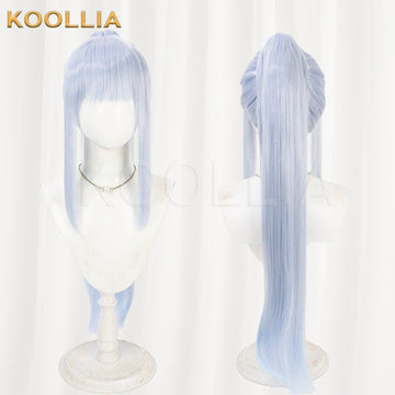 Girls' Frontline 2 Exilium Klukai cosplay wig product display, showing side-by-side front and back views. The ice blue wig features a neat straight hime-cut fringe over the forehead, long face-framing side strands, and a pre-styled high ponytail section cascading into an extra-long, sleek straight tail down the back.