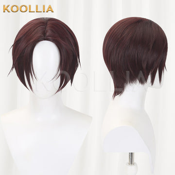 Wind Breaker Suo Hayato cosplay wig product display, showing side-by-side front and profile views. The short dark reddish-brown wig features sleek center-parted curtain bangs curving inward around the jawline, neatly layered sides, and a cleanly tapered, realistic short neckline at the back.