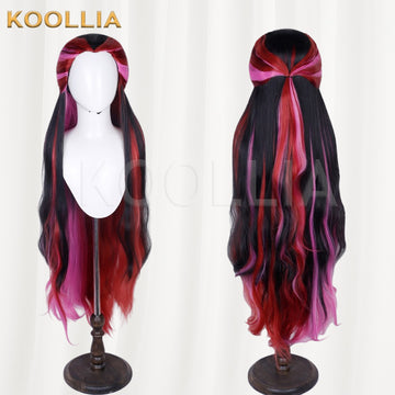 Ever After High Raven Queen cosplay wig product display, showing a side-by-side front and back view. The long wavy wig features a black base with vibrant pink and magenta gradient streaks styled in a half-up ponytail.
