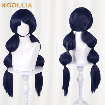 Fish Story Of Joy And Sorrow Ohana cosplay wig product display, showing a side-by-side view of the front and back style. The dark navy blue wig features side-swept bangs and long twin low ponytails styled into voluminous bubble braids (lantern ponytails).