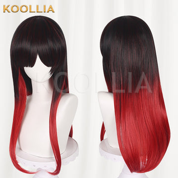 Cosplay wig product display, showing side-by-side front and side-back views. The long straight wig features a striking black-to-red ombré gradient, with deep black roots transitioning into a vibrant crimson red from the mid-lengths to the ends, styled with full arched anime bangs and face-framing layers.