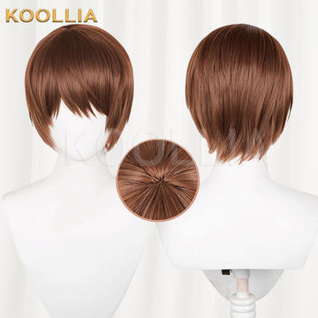Death Note Yagami Light cosplay wig product display, showing side-by-side front and back views with an inset close-up of the crown whirlpool. The short light warm brown wig features soft, side-swept textured anime bangs framing the forehead and a naturally tapered shaggy back cut.
