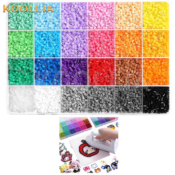 KOOLLIA 120 colors fuse beads full DIY tool kit product display. The main image shows a large grid organizer filled with a vibrant rainbow sorting of 2.6mm mini fuse beads, accompanied by a smaller inset showing a hand using a craft iron to melt a finished pixel art design on a pegboard.