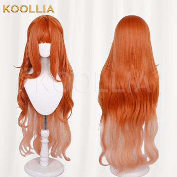 Haruyuki Busou Hanagiku Daisy cosplay wig product display, showing a side-by-side front and back view. The long wig features a vibrant orange to pale peach pink ombre gradient with soft wavy layers.