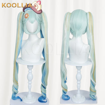 Front view of a long light-cyan-to-yellow gradient cosplay wig with twin tails, mounted on a white mannequin head against a plain light background. The wig represents Hatsune Miku 2026 Snow Miku version. A KOOLLIA brand watermark is visible in the upper-left corner.