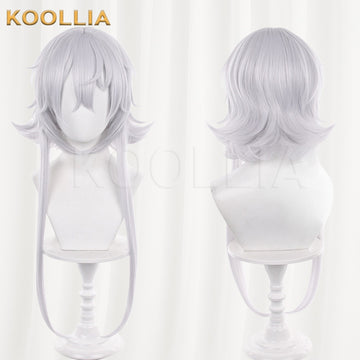 Neverness to Everness Sagiri cosplay wig product display, showing a side-by-side view of the front and back styles. The silver-white wig features a short, flipped-out layered back with two exceptionally long, thin face-framing side strands.