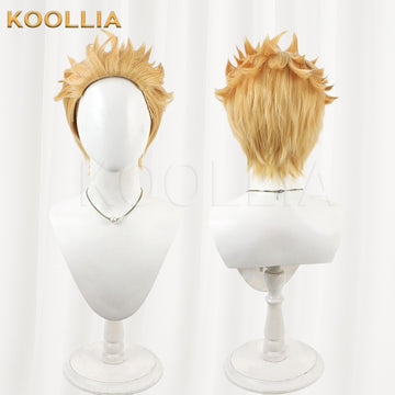 Koollia Gachiakuta Enji short golden yellow spiky cosplay wig, front and back view
