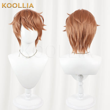 Granblue Fantasy Gran cosplay wig product display, showing side-by-side front and back views. The short light orange-brown wig features thick, side-swept textured bangs framing the brow, layered side strands, and a naturally tapered, shaggy layered cut at the back.