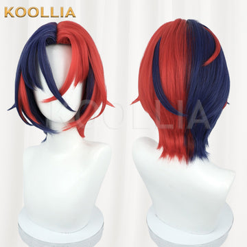 Fire Emblem Engage Alear cosplay wig product display, showing side-by-side front and back views. The short wig features a distinct half-and-half split dye styling, with vibrant red on the right and deep royal blue on the left, accented by cross-over colored strands in the bangs and a layered, flicked neck style.
