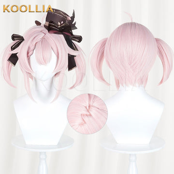 Vtuber Taffy cosplay wig product display, showing side-by-side front and back views. The light pink wig features an ahoge strand, symmetrical short twin tails, a small decorative top hat with ribbons, and a circular inset highlighting the zig-zag skin top parting.