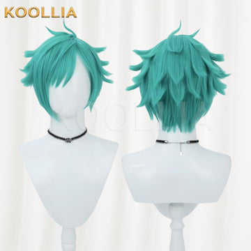 Multi-angle display of League of Legends & Heartsteel Aphelios teal green layered spiky basic wig