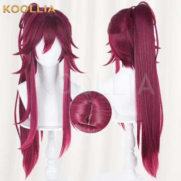 Ensemble Stars Wakami Maruka cosplay wig product display, showing side-by-side front and back views. The wine red wig features long textured spiky bangs, long face-framing layers, and a high straight ponytail. Includes a circular inset of the skin top partition.