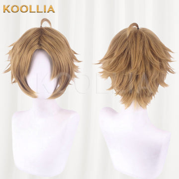 Mushoku Tensei Rudeus Greyrat cosplay wig product display, showing side-by-side front and back views. The short flaxen brown wig features a middle part with face-framing side bangs, feathered spiky layers on the sides, and a distinct small upright hair loop (ahoge) on top.