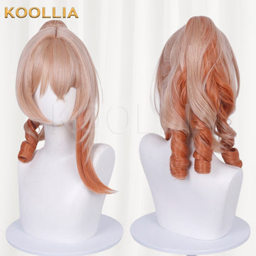Genshin Impact Yoimiya cosplay wig product display, showing a side-by-side front and back view. The strawberry blonde and orange gradient wig features layered anime bangs, a long styled side strand, and distinct thick vertical drill curls at the back.