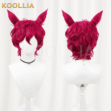 Multi-angle display of League of Legends & Heartsteel Sett rose red layered wavy basic wig