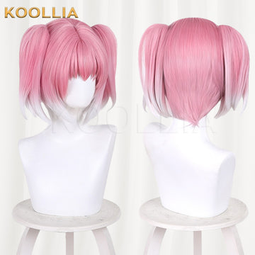 Talentless Nana Hiiragi Nana cosplay wig product display, showing a side-by-side front and back view. The short wig features a candy pink base transitioning into a striking white gradient at the bottom hair tips and on the two short side pigtails.