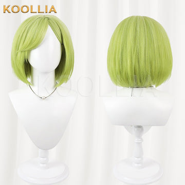 Witch Hat Atelier Coco cosplay wig product display, showing side-by-side front and back views. The shoulder-length lime green wig is styled into a classic rounded bob cut with a side-swept fringe layer over the forehead and soft inward-curling ends.