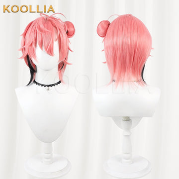VTuber Akafumi Shiro cosplay wig product display, showing side-by-side front and back views. The short coral pink wig features layered anime-style messy bangs, a small pre-styled round hair bun (odango) on the upper left side, and long dark black peekaboo highlight strands framing the lower neckline.