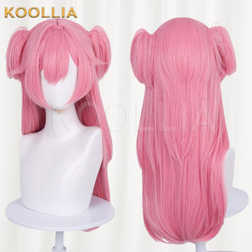 Colorful Stage Momoi Airi cosplay wig product display, showing a side-by-side view of the front and back styles. The long cherry pink wig features two high tied-up side pigtails/buns and long straight hair flowing down the back.