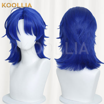 Front view of a royal blue medium-length cosplay wig with side-swept bangs, mounted on a white mannequin head against a plain light background. The wig represents Gary from Zootopia 2. A KOOLLIA brand watermark is visible in the upper-left corner.