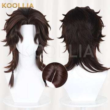 Identity V Hernando Romero cosplay wig product display, showing a side-by-side front and back view of the dark brown layered cut. Features two thin, long braided strands at the sides and a circular inset highlighting the realistic top skin partition against a white background.