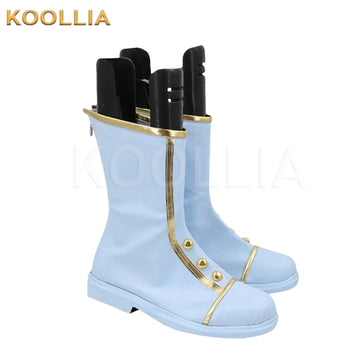 Pretty Derby Venus Park cosplay shoes product display, showing a pair of light pastel blue mid-calf boots. The shoes feature metallic gold vertical trim along the front and top collar, decorated with small gold button accents above flat matching blue soles.