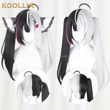 Game Neverness to Everness Lacrimosa cosplay wig product display, showing a split design with a black left side and white right side. Features optional plush cat ears and an ahoge on top, with smaller insets showing the clean back view.