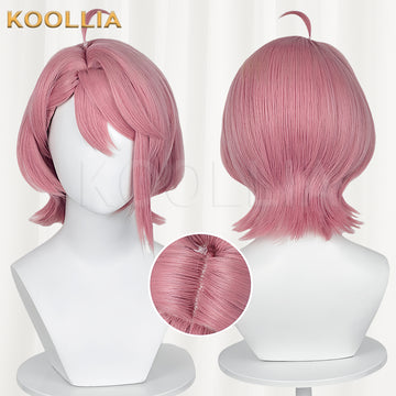 Front and back views of the Aira Shiratori cosplay wig from Dandadan, featuring a short pink layered bob with a top cowlick (ahoge) and a close-up inset of the realistic scalp parting.