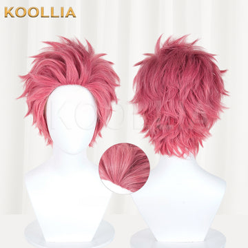 Multi-angle display of Demon Slayer Akaza short pink spiky hair basic wig