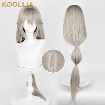 KOOLLIA Alexandrina Sebastiane cosplay wig multi-view: front with long straight silver-gray hair and blunt bangs, back view with low ponytail, and lace front scalp detail close-up.