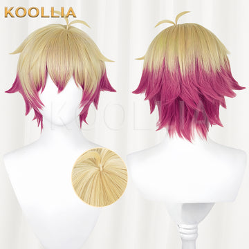 KOOLLIA Alexis Ness cosplay wig on mannequin, beige top fading to magenta pink ends with signature ahoge and white chiffon lace frill accessory, front view.