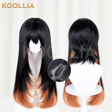 Koollia Gachiakuta Amo Empool long black and orange gradient cosplay wig, front and back view with crown detail