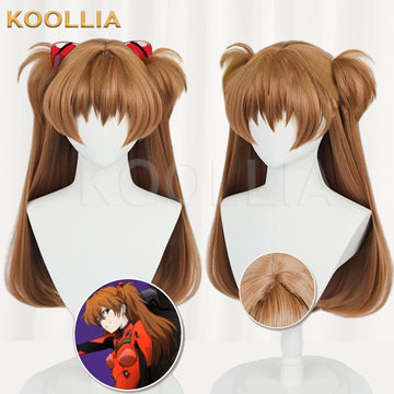 Front and back angled views of the brown-orange Asuka cosplay wig from Neon Genesis Evangelion, featuring twin-tails with red hair clips, an anime character reference, and a close-up inset of the top crown detail.