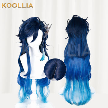 Multi-angle display of Honor of Kings Augran long blue hair basic wig