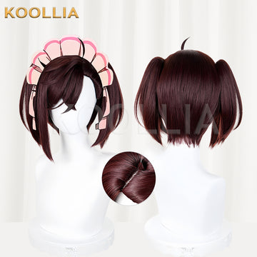 Front and back views of the chestnut-brown Ayase Momo cosplay wig from Dandadan, featuring short twin tails, side-swept bangs, a maid headpiece, and a top crown detail inset.