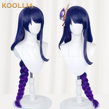 Koollia Genshin Impact Raiden Shogun Beelzebul long purple braided cosplay wig, front and angled views with hair accessory