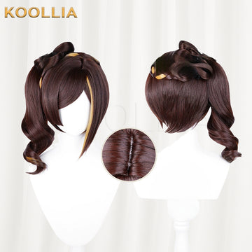 Koollia Genshin Impact Chiori brown cosplay wig with golden streaks, front and back view with detachable hair bun