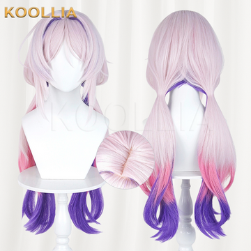 Multi-angle display of Genshin Impact Citlali pink purple gradient long double ponytail basic wig