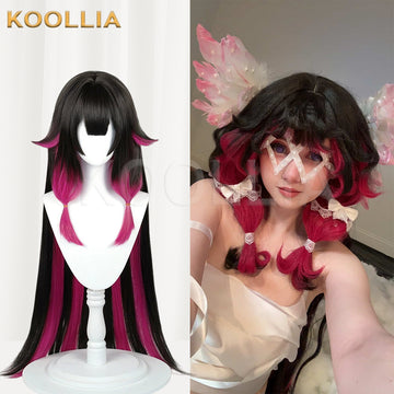 Koollia Genshin Impact Columbina long black and magenta cosplay wig on mannequin next to a cosplayer wearing the styled wig