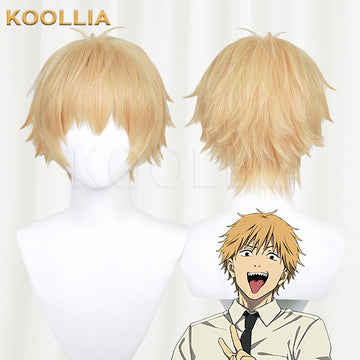 Multiple views of Chainsaw Man Denji short golden hair basic wig shown from front and back angles