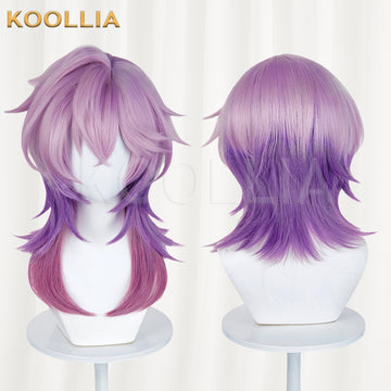 Koollia Durin long fluffy purple and pink gradient cosplay wig, front and back view