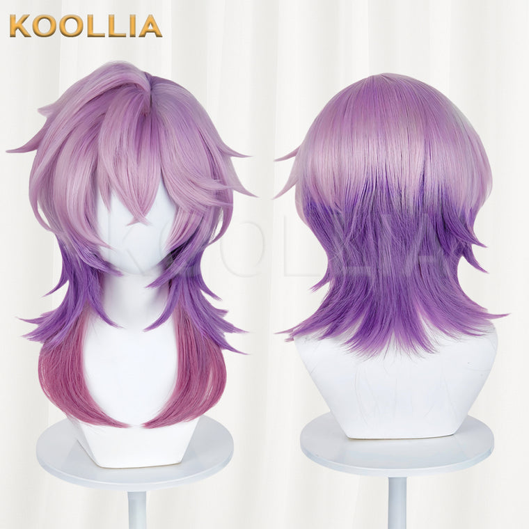 Koollia Durin long fluffy purple and pink gradient cosplay wig, front and back view
