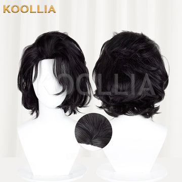 Front and back views of the Elie de Montbel cosplay wig from Delta Force, featuring short black layered hair and a close-up inset of the top crown detail.