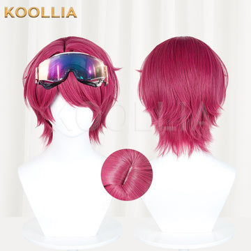 Multi-angle display of Arknights Exusiai Midnight Delivery short red hair basic wig