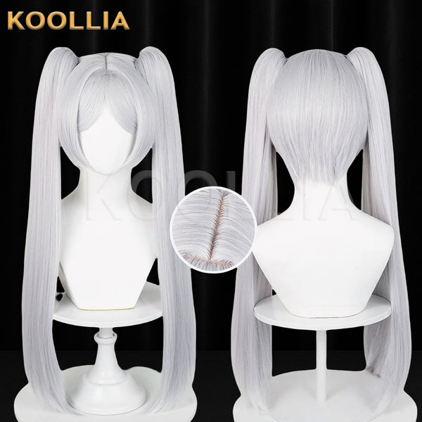 Koollia Frieren silver cosplay wig showing adjustable inner cap and hair volume details