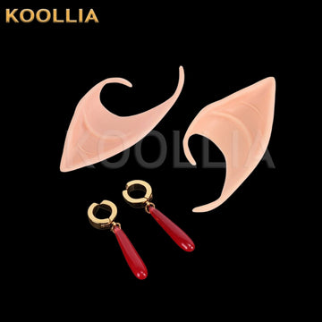 Frieren cosplay accessory set including pointed elf ears and red teardrop earrings