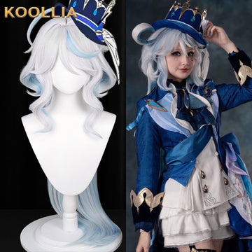 Koollia Genshin Impact Furina white to blue gradient cosplay wig on mannequin next to a cosplayer wearing the wig and Hydro Archon costume