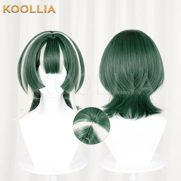 Koollia Gachiakuta Guita short green cosplay wig with white streaks, front and back view with crown detail
