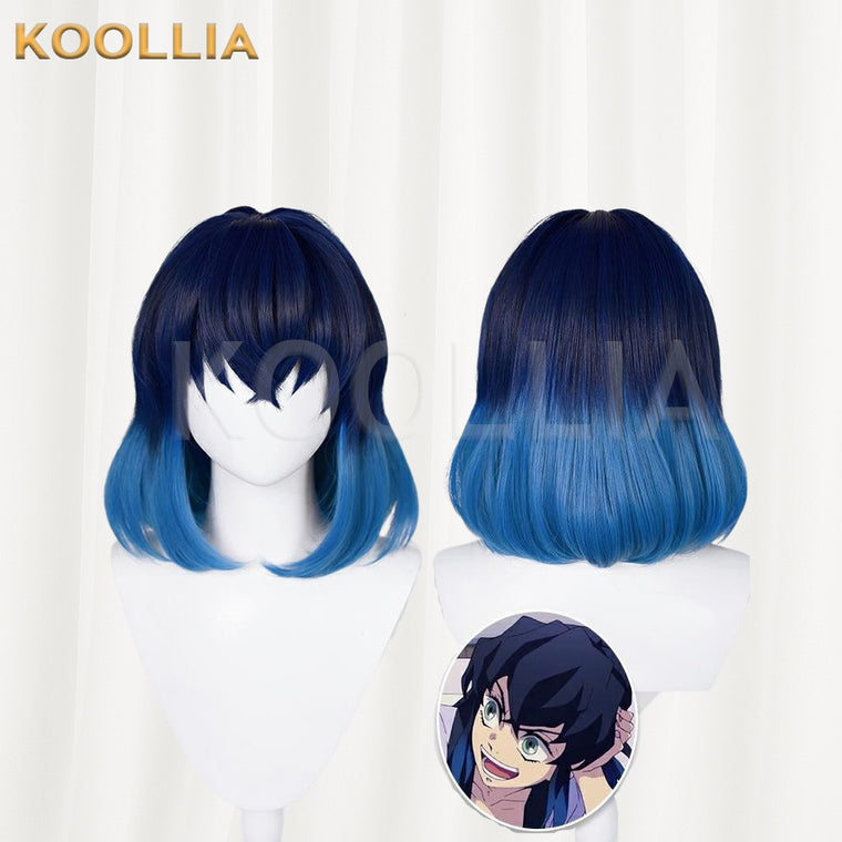 Front and back views of the Hashibira Inosuke cosplay wig from Demon Slayer, featuring short hair with a vivid blue gradient and an anime character reference inset.