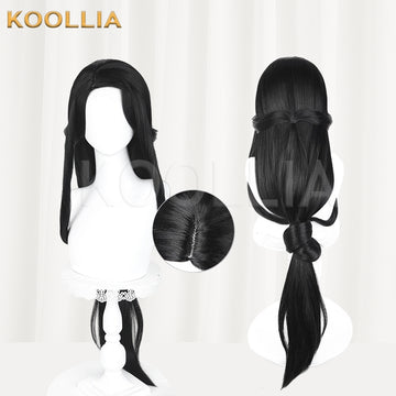 Multi-angle display of Demon Slayer Hashibira Kotoha long black hair basic wig
